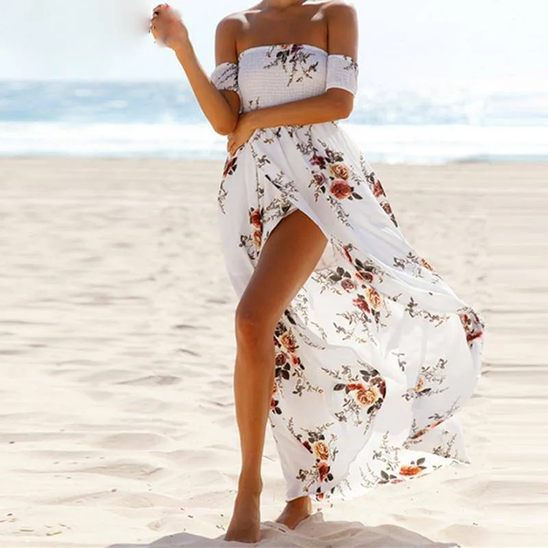 Bohemian Style Floral Print Off Shoulder Ankle-length Party Dress For Women