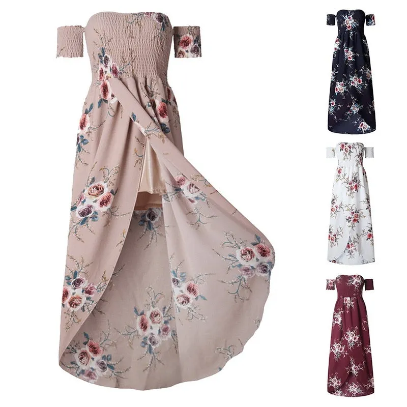 Bohemian Style Floral Print Off Shoulder Ankle-length Party Dress For Women