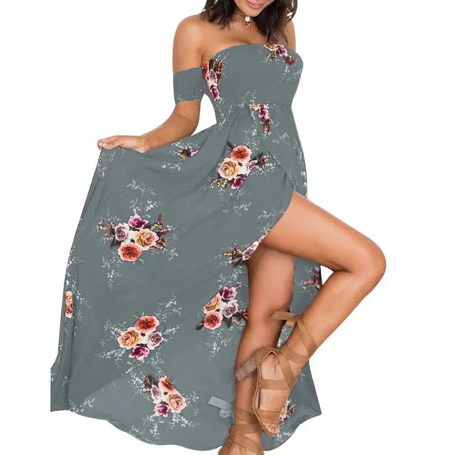 Bohemian Style Floral Print Off Shoulder Ankle-length Party Dress For Women