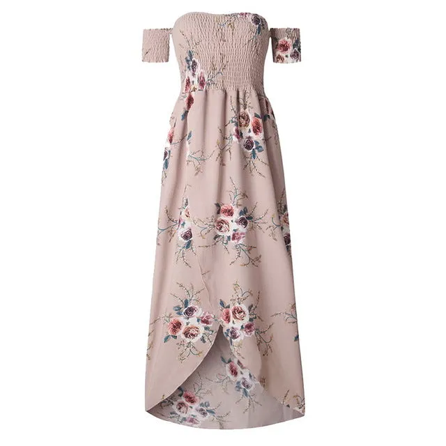 Bohemian Style Floral Print Off Shoulder Ankle-length Party Dress For Women