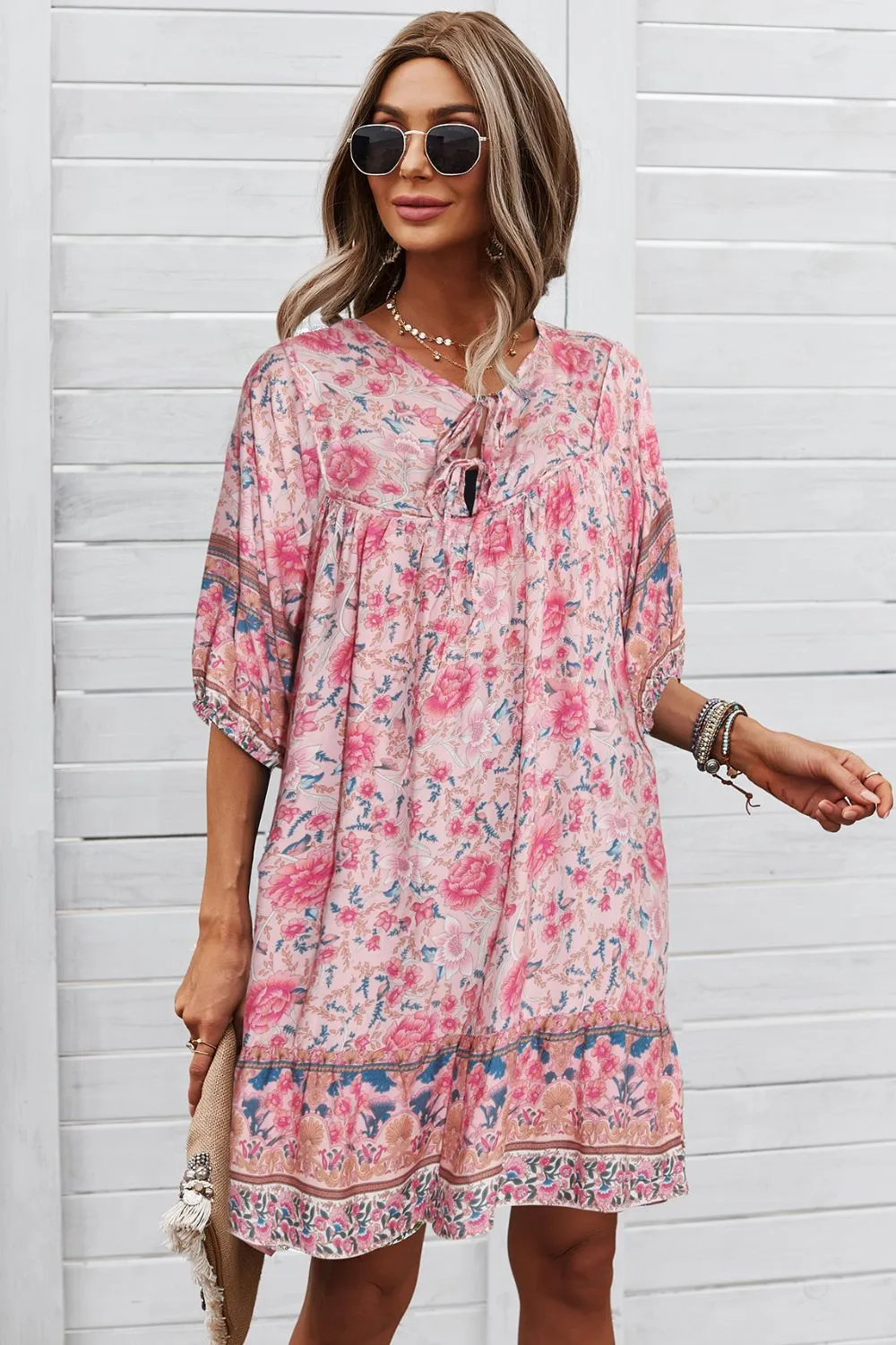 Bohemian Tie Neck Mini Dress