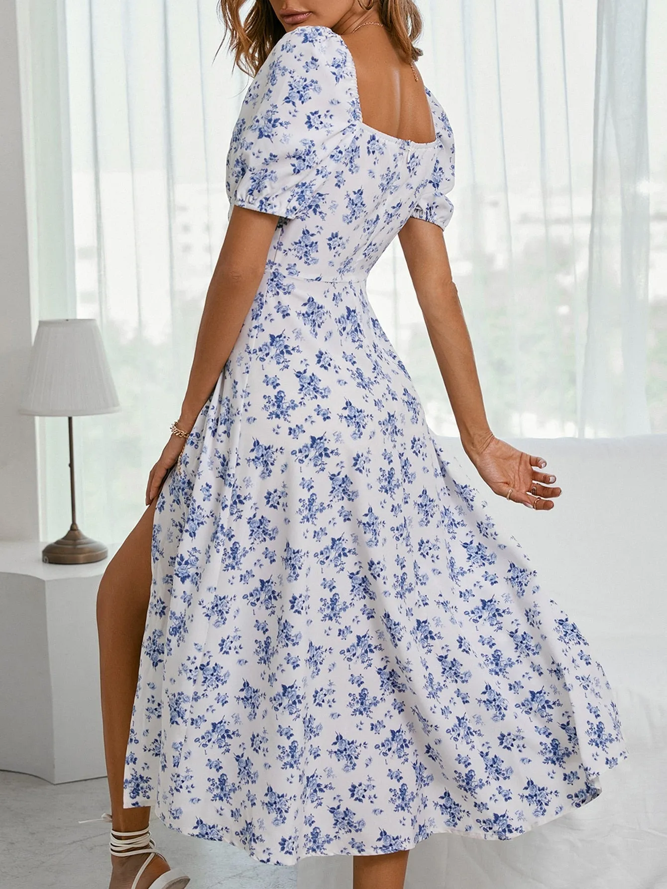 Boho Floral Knot Split Thigh A-Line Dress - Ruched Bust, Puff Sleeves, High Waist