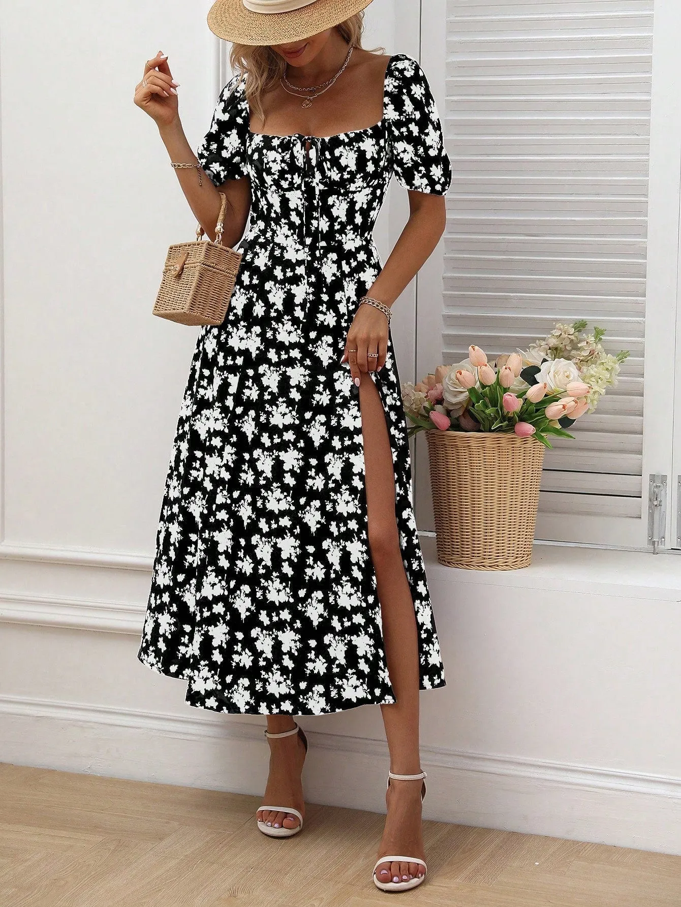 Boho Floral Knot Split Thigh A-Line Dress - Ruched Bust, Puff Sleeves, High Waist