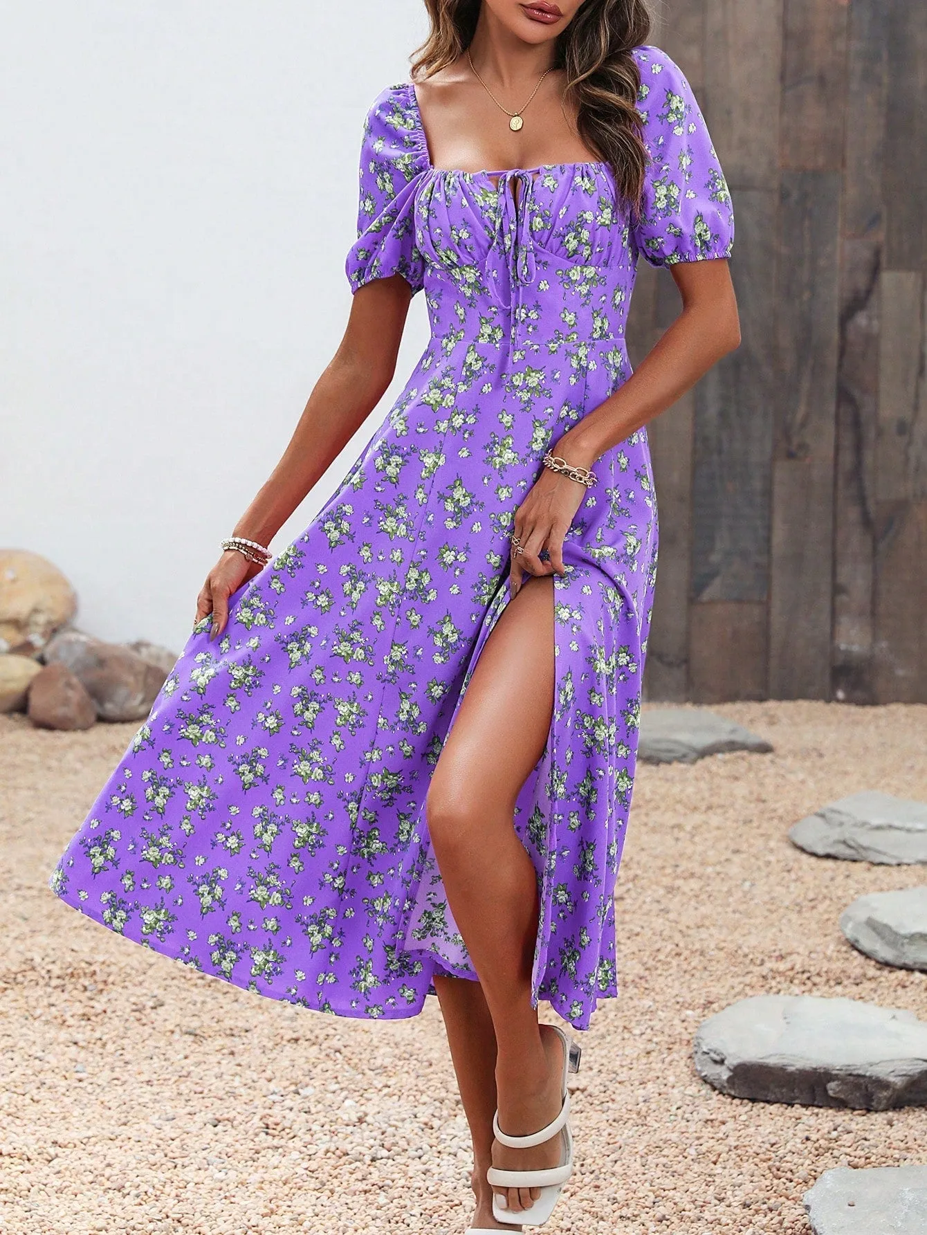 Boho Floral Knot Split Thigh A-Line Dress - Ruched Bust, Puff Sleeves, High Waist