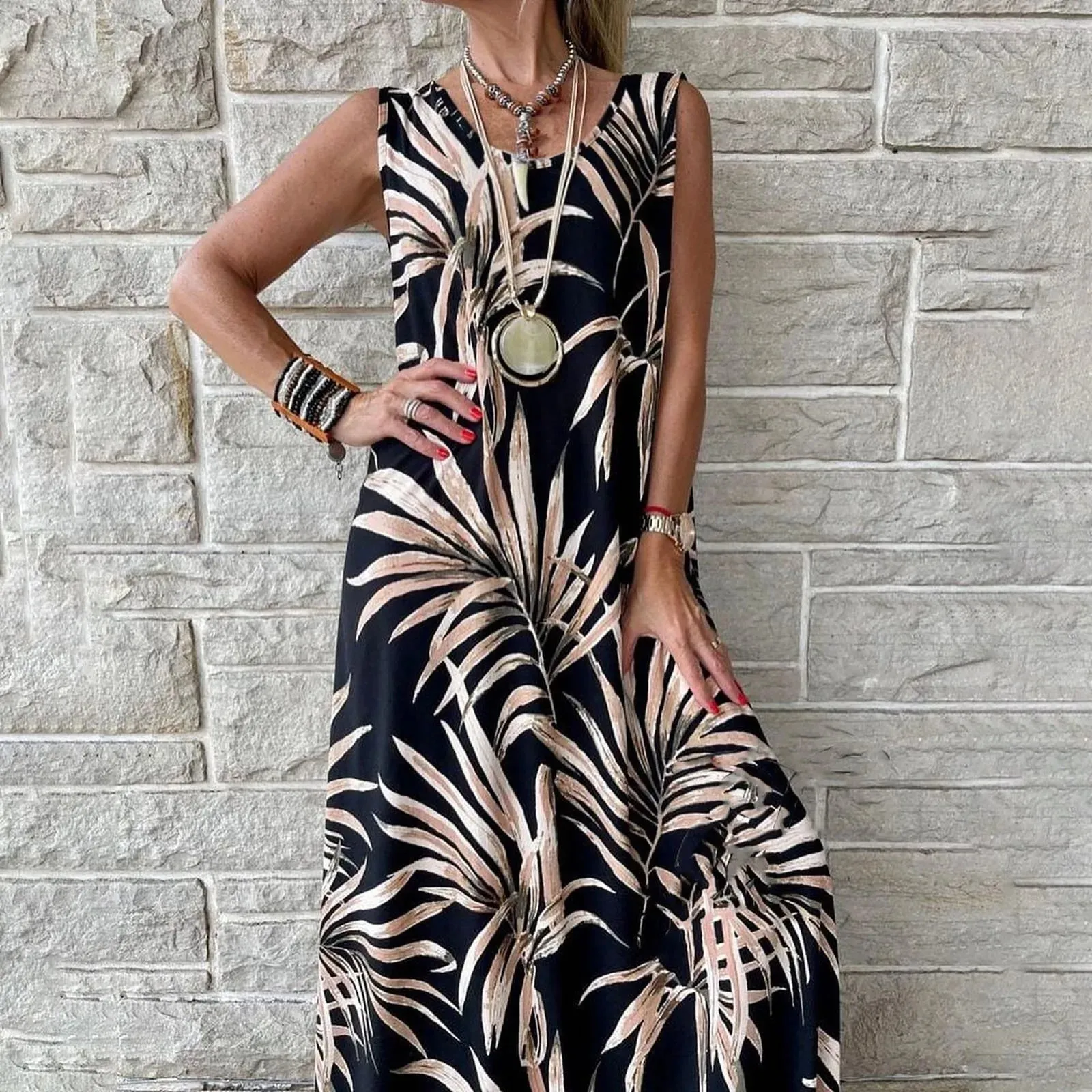 Boho Tropical Print Long Sleeveless Loose Casual Summer Dress