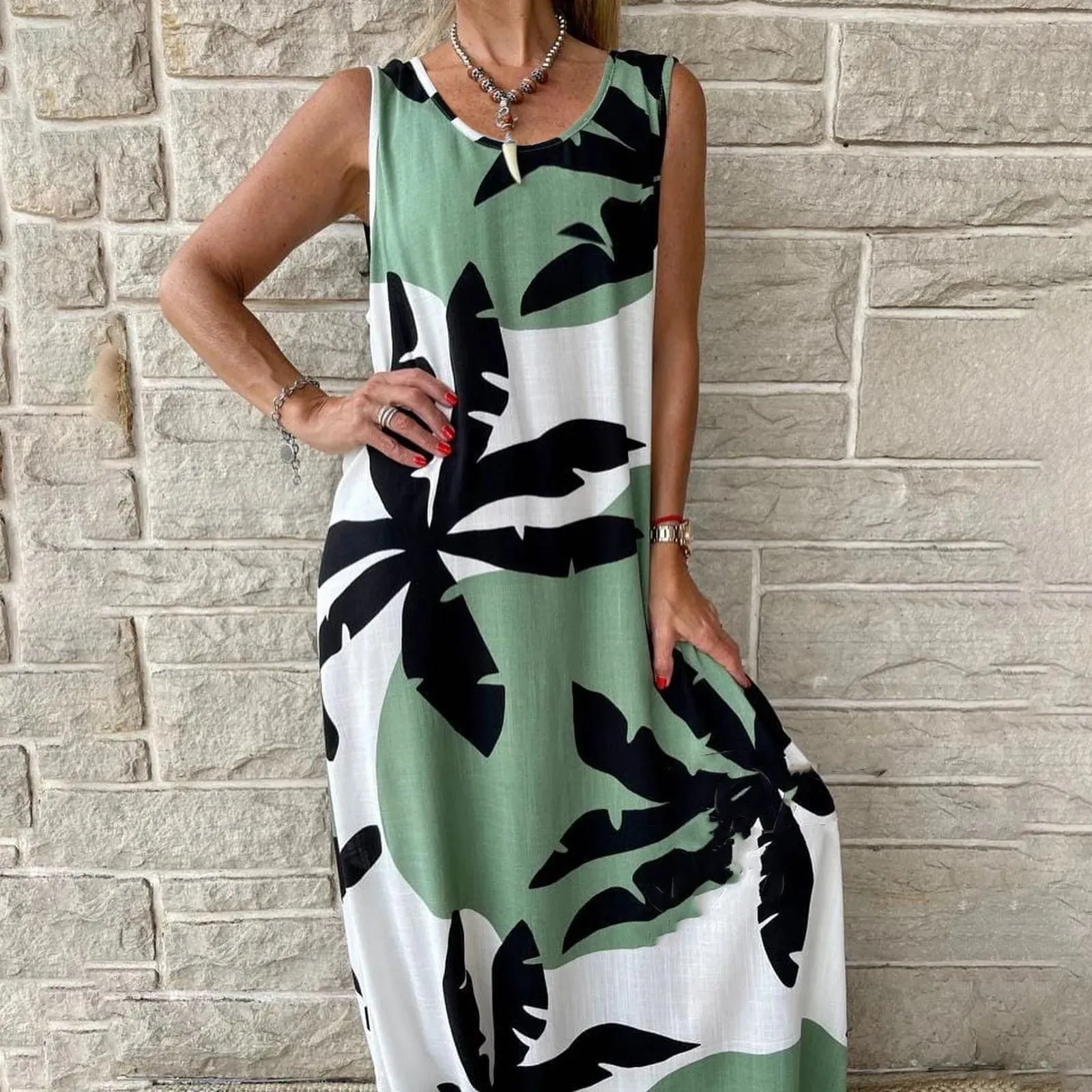 Boho Tropical Print Long Sleeveless Loose Casual Summer Dress