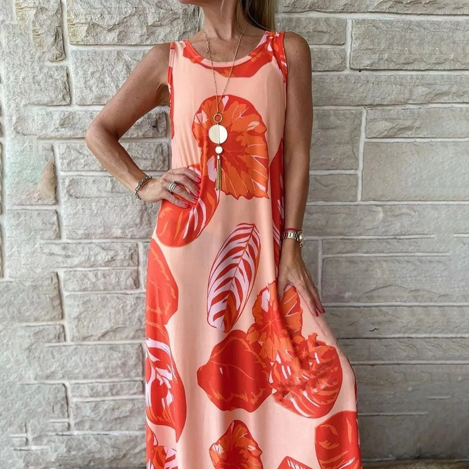 Boho Tropical Print Long Sleeveless Loose Casual Summer Dress