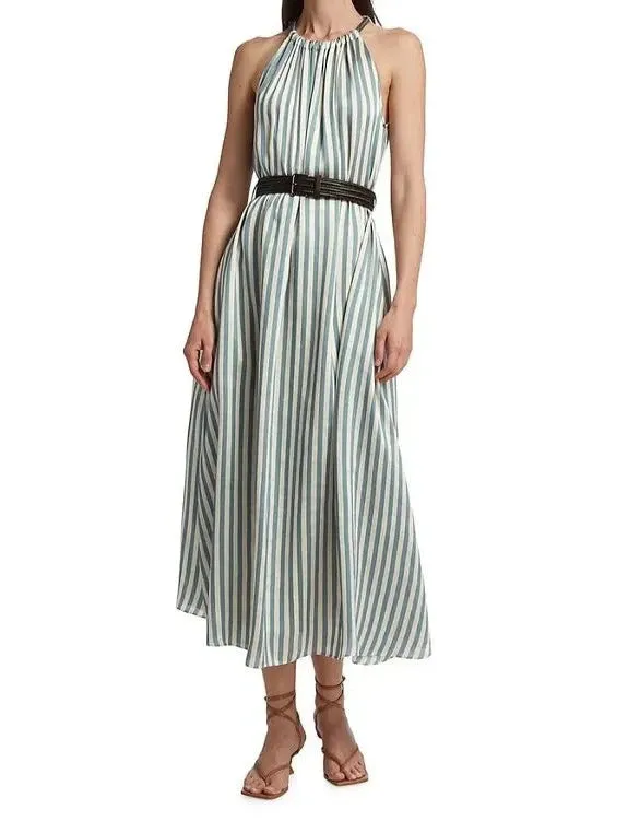 Brunello Cucinelli Women's Belted Striped Maxi Dress In Pavone Blue