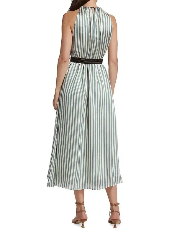 Brunello Cucinelli Women's Belted Striped Maxi Dress In Pavone Blue