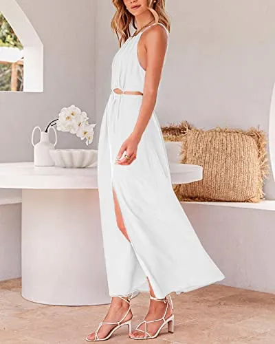 BTFBM Women 2023 Summer Sleeveless Cutout Halter Maxi Dress Backless Boho Casual Beach Party Cocktail Slit Sun Dresses(Solid White, Medium)