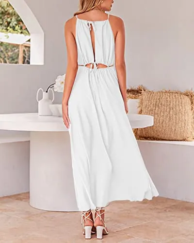 BTFBM Women 2023 Summer Sleeveless Cutout Halter Maxi Dress Backless Boho Casual Beach Party Cocktail Slit Sun Dresses(Solid White, Medium)