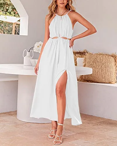 BTFBM Women 2023 Summer Sleeveless Cutout Halter Maxi Dress Backless Boho Casual Beach Party Cocktail Slit Sun Dresses(Solid White, Medium)