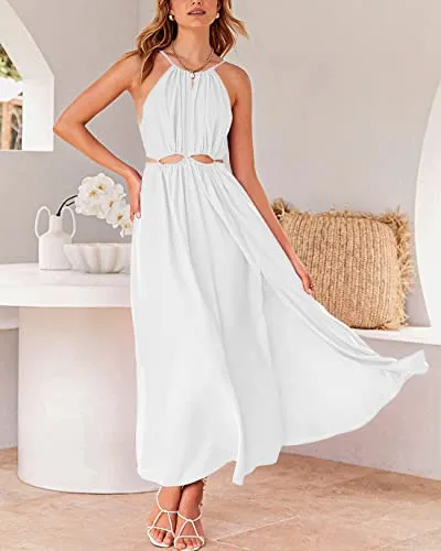 BTFBM Women 2023 Summer Sleeveless Cutout Halter Maxi Dress Backless Boho Casual Beach Party Cocktail Slit Sun Dresses(Solid White, Medium)