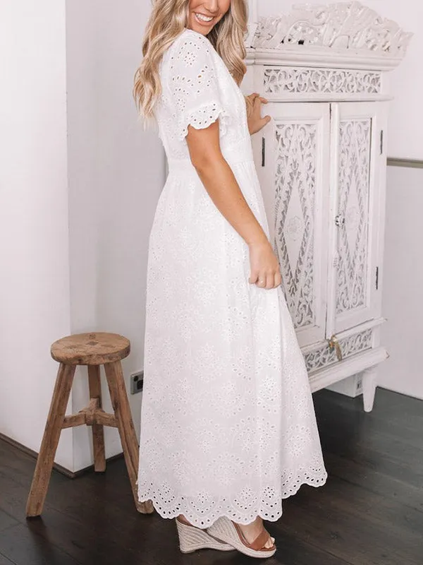 Button Up Eyelet Embroidery Midi Dress