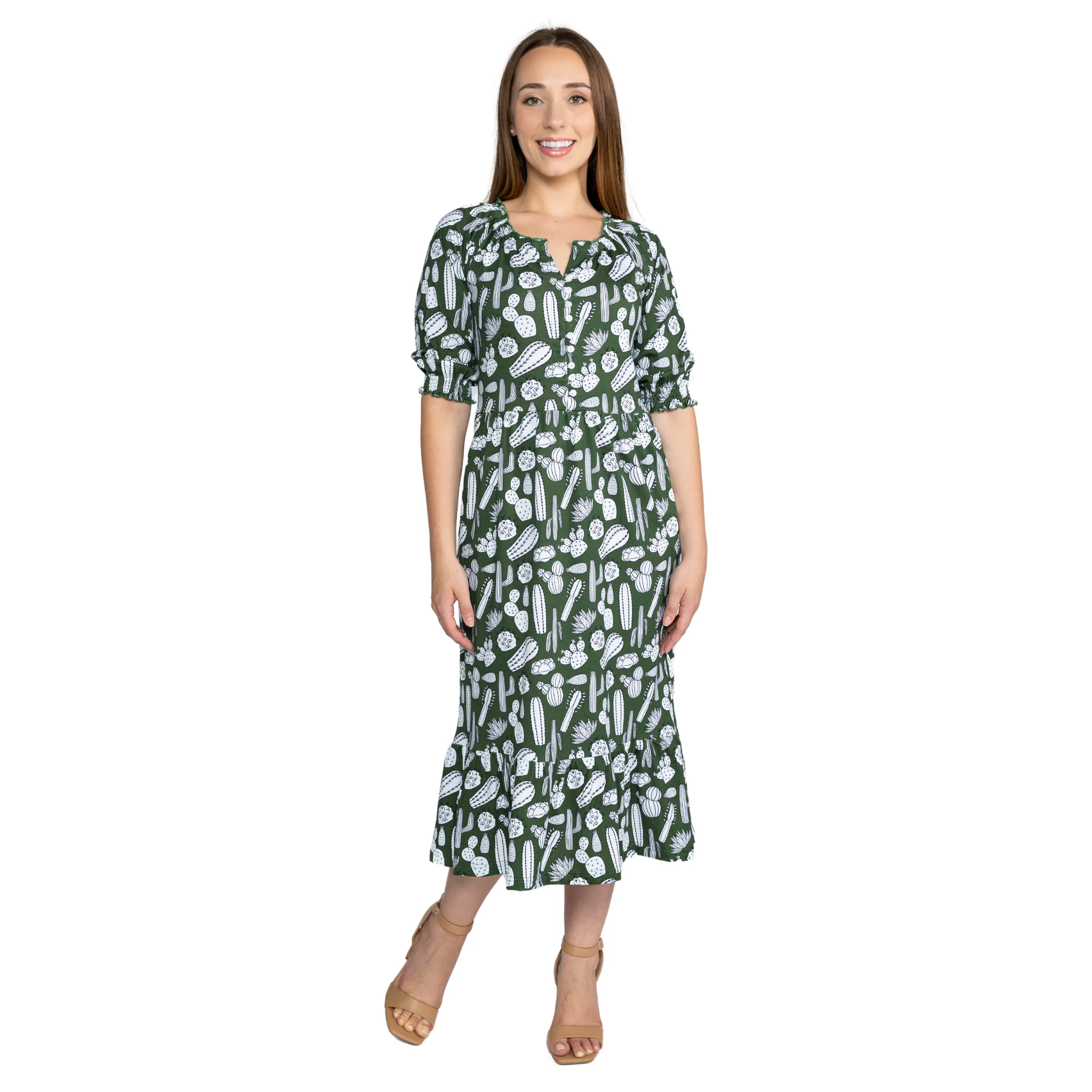 Cactus Plants Elastic Puff-Sleeved Tiered Midi Dress