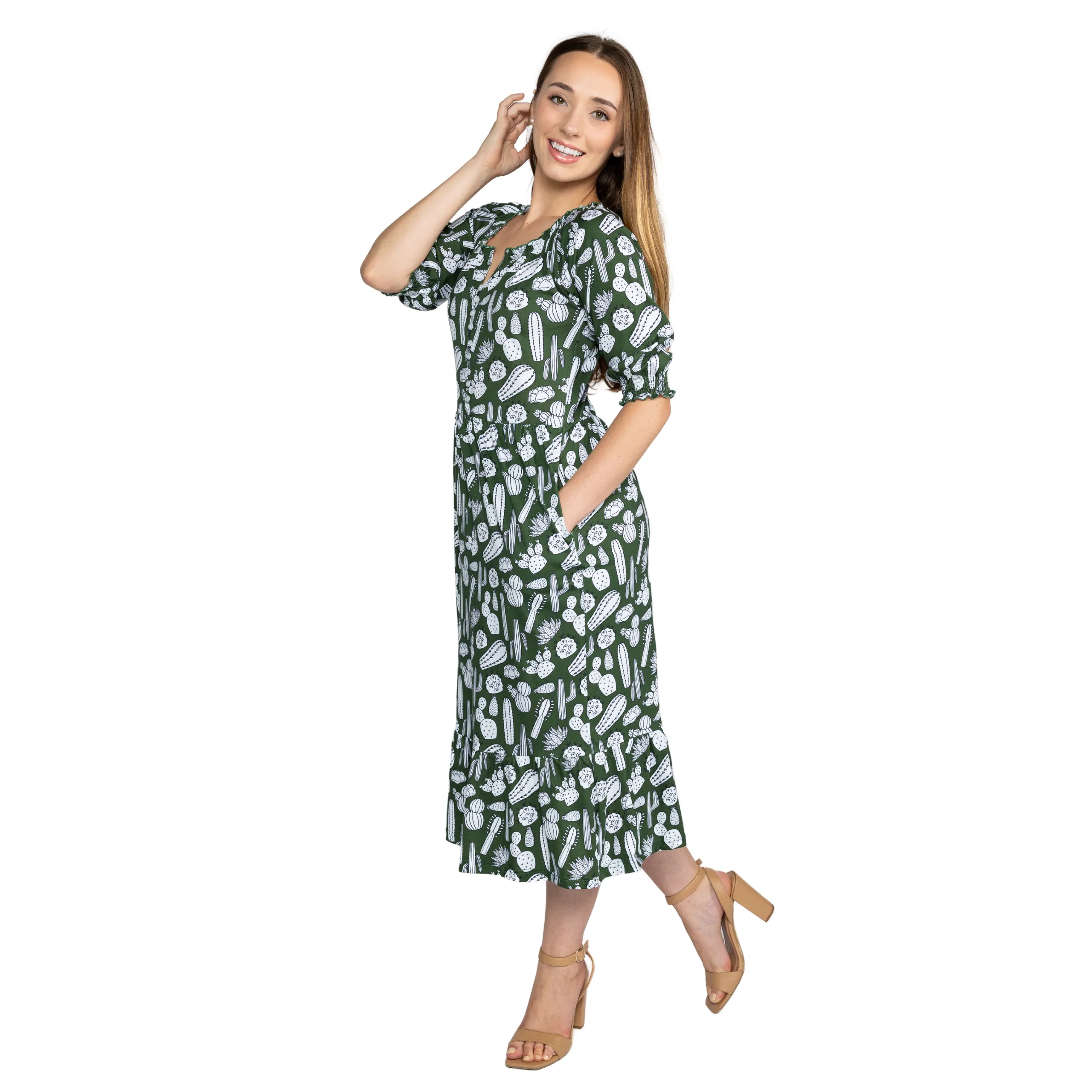 Cactus Plants Elastic Puff-Sleeved Tiered Midi Dress