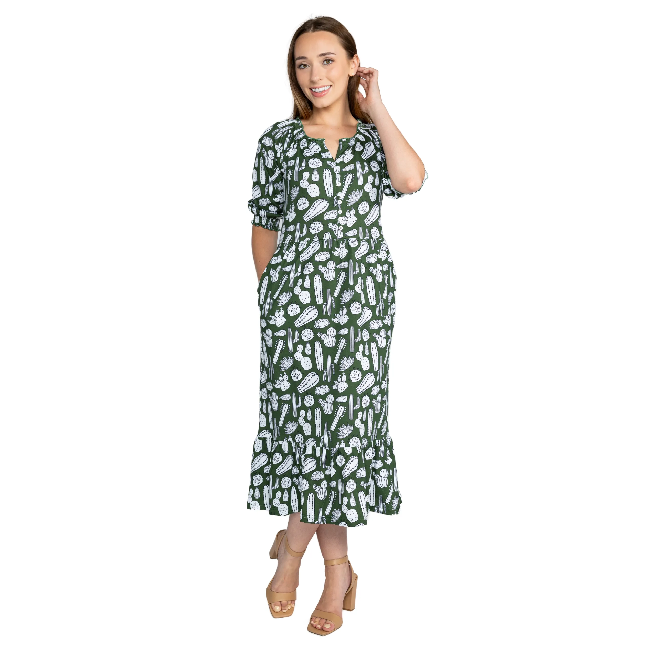 Cactus Plants Elastic Puff-Sleeved Tiered Midi Dress