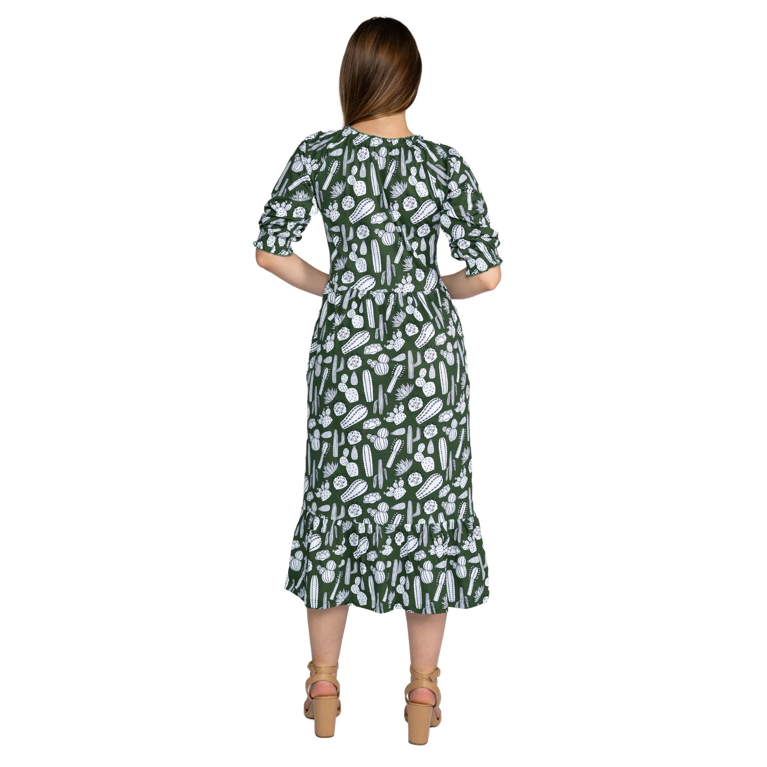 Cactus Plants Elastic Puff-Sleeved Tiered Midi Dress