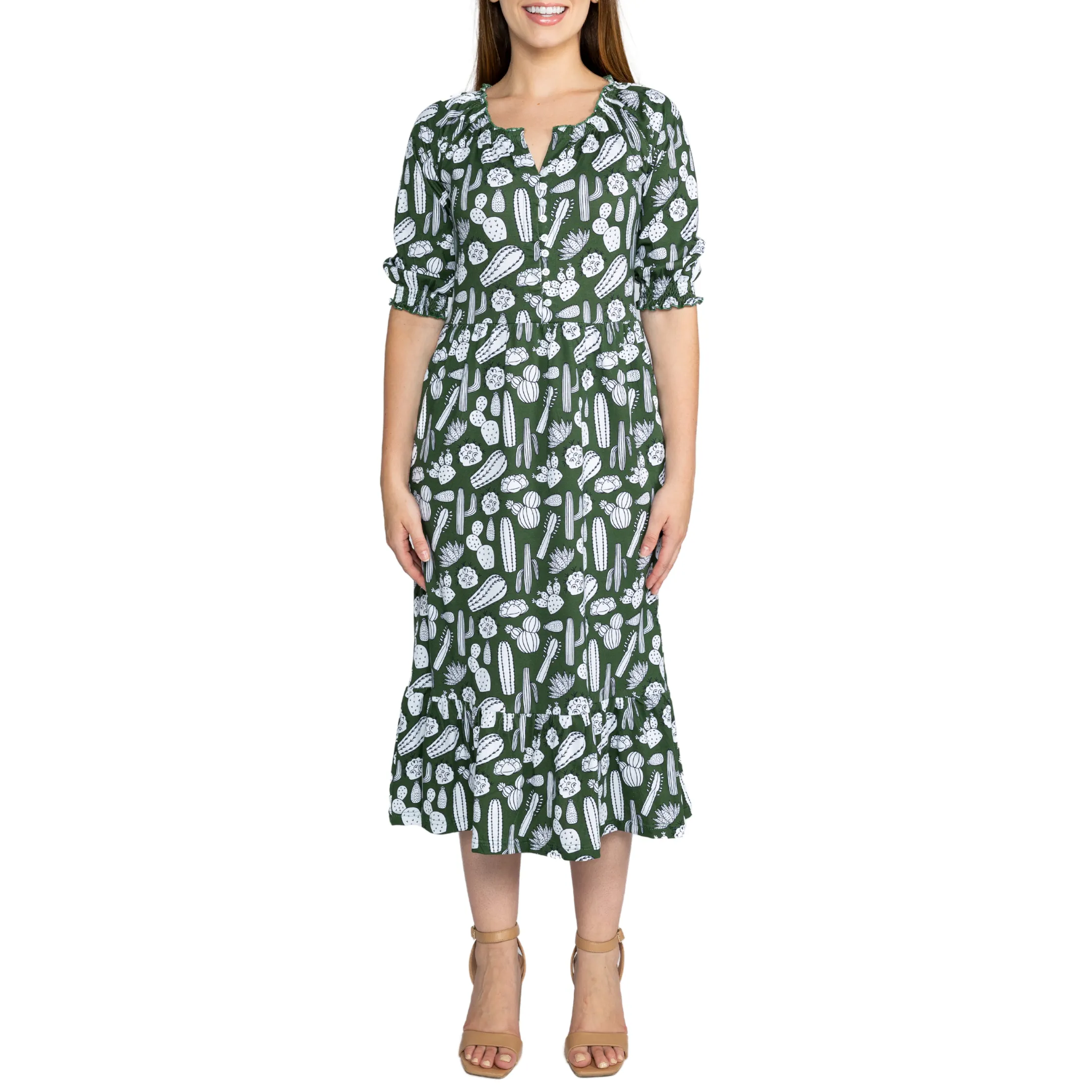 Cactus Plants Elastic Puff-Sleeved Tiered Midi Dress