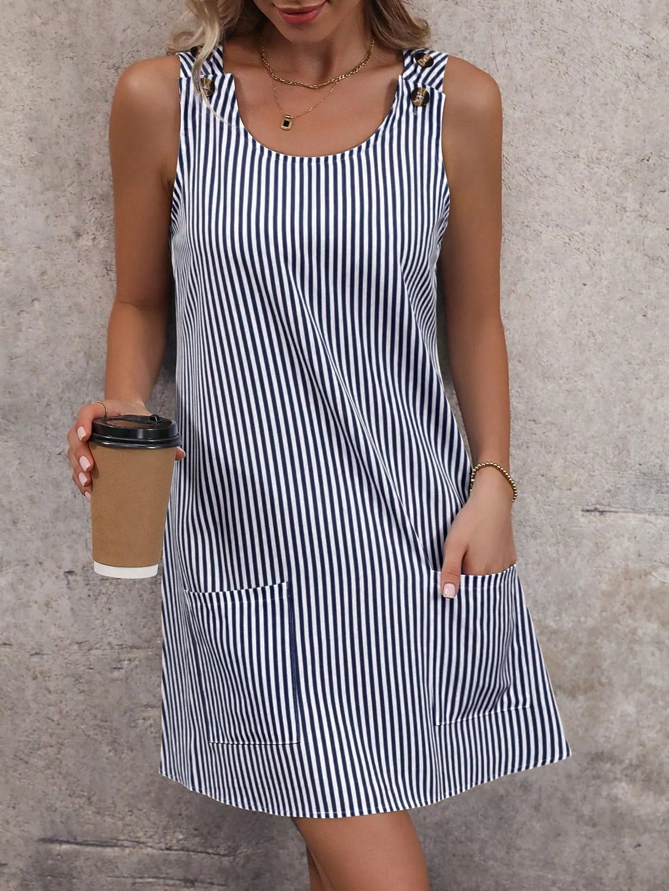 Casual Striped Tank Dress - Sleeveless, Scoop Neck, Dual Pockets, Loose Fit