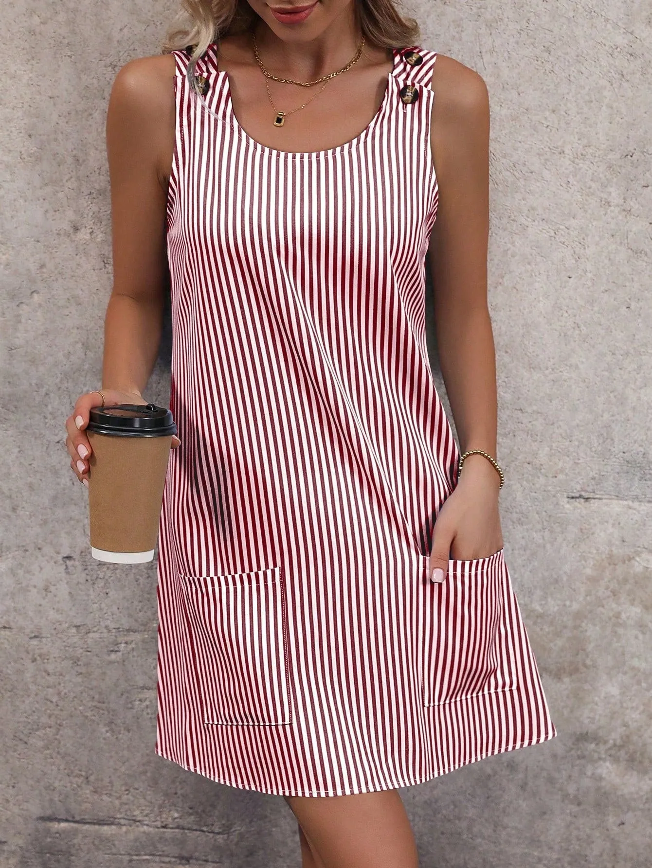 Casual Striped Tank Dress - Sleeveless, Scoop Neck, Dual Pockets, Loose Fit