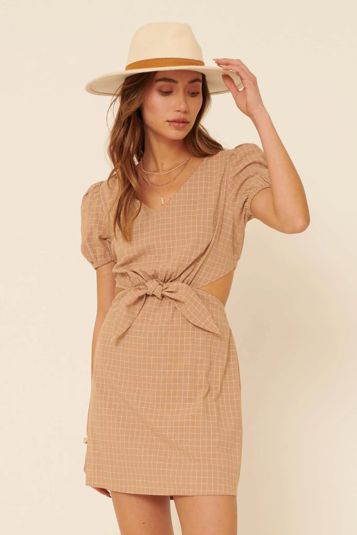 Checking In Plaid Tie-Front Cutout Mini Dress