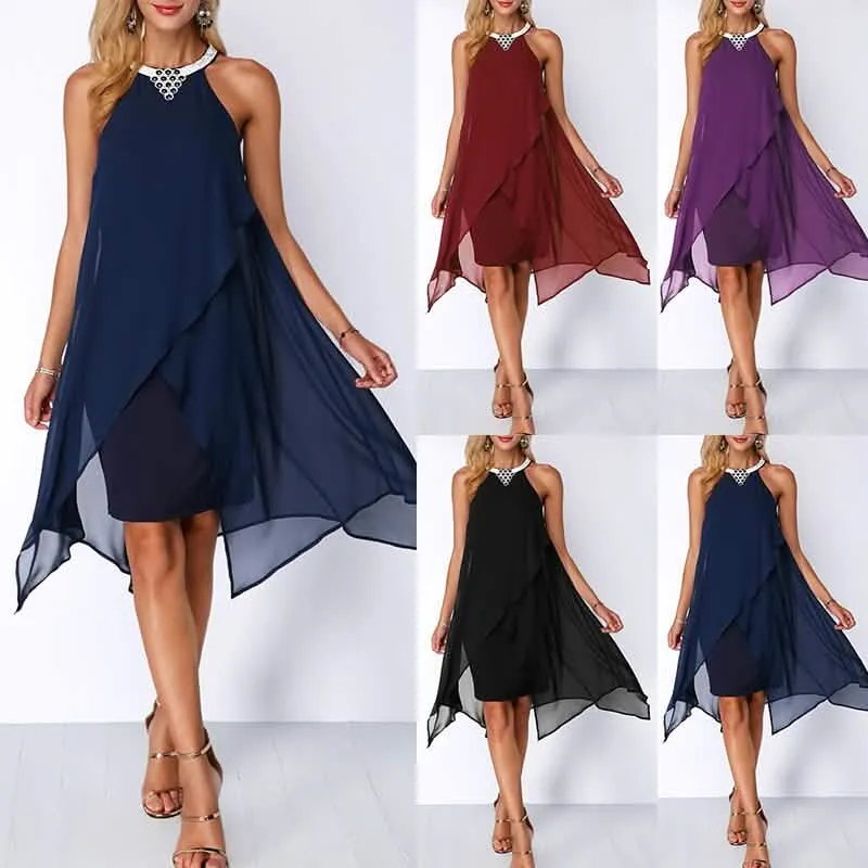 Chic Asymmetrical Hem Black Chiffon Cocktail Dress for Summer Events