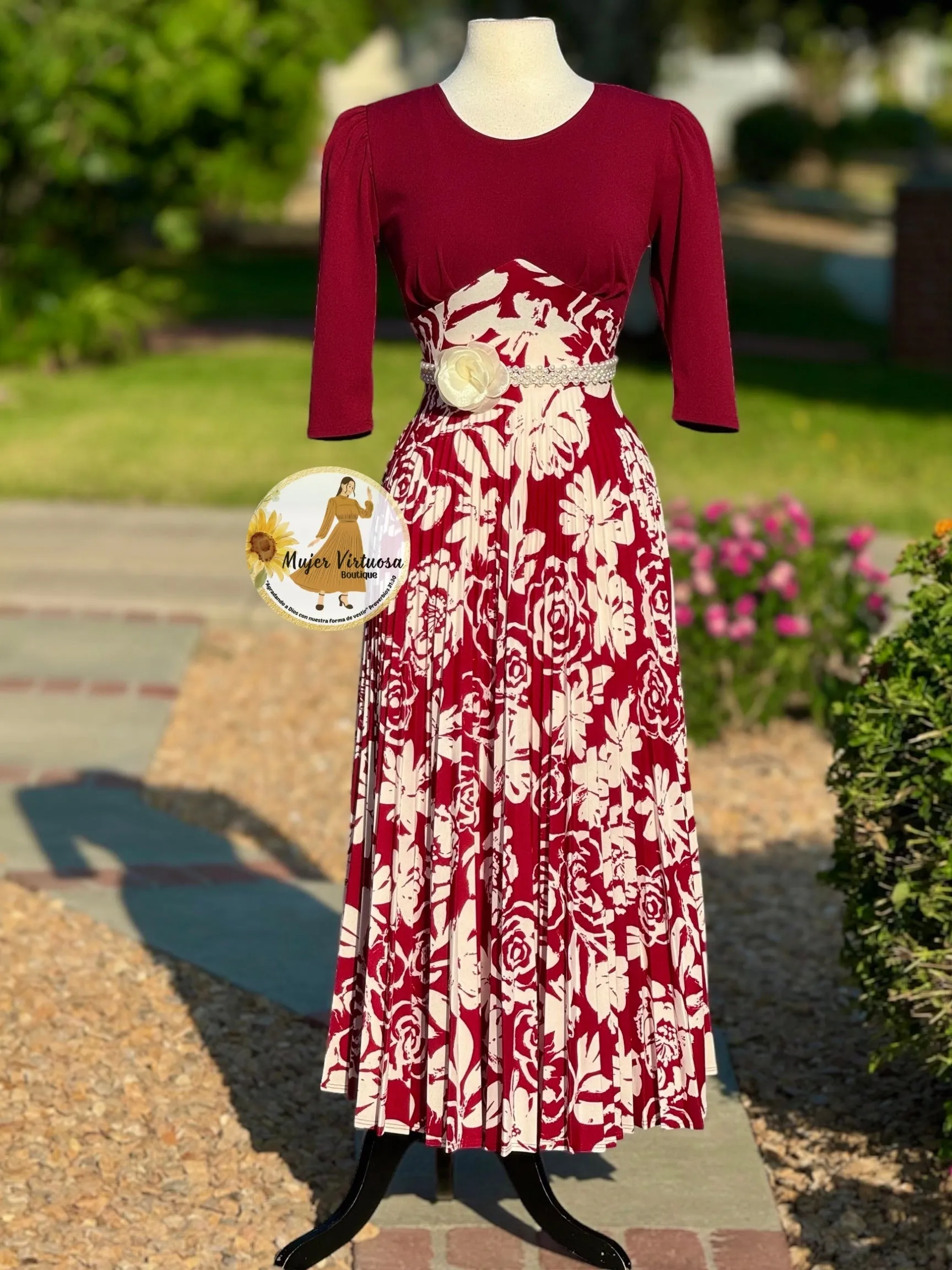 Cristel Burgundy Floral Pleated Dress