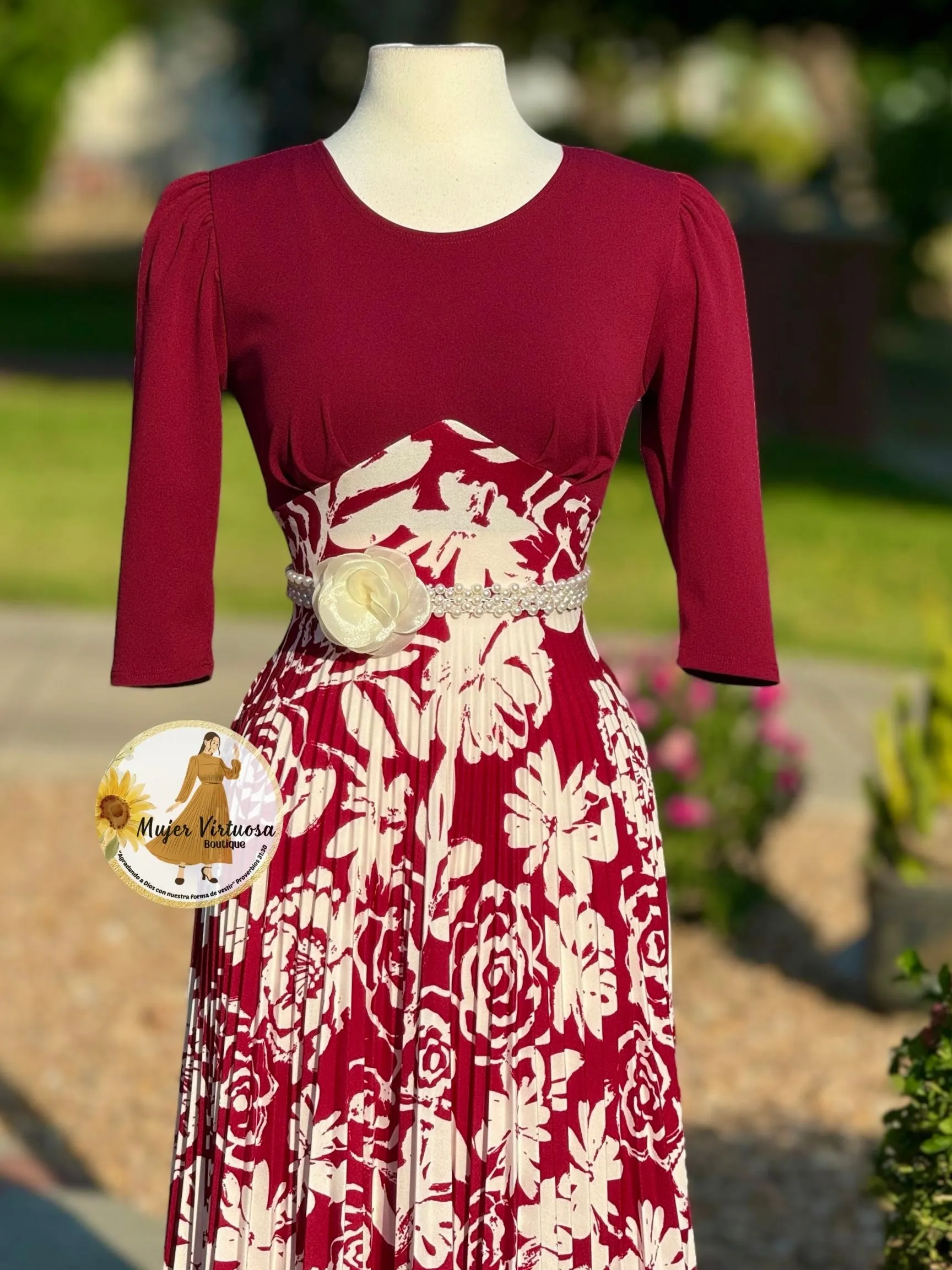 Cristel Burgundy Floral Pleated Dress