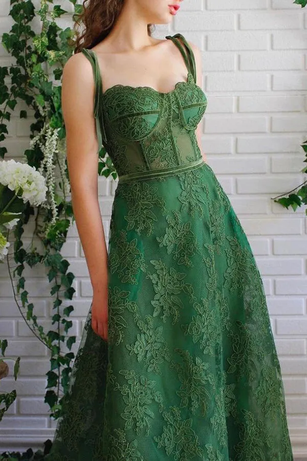 Dark Green Tulle Lace A-line Spaghetti Straps Prom Dresses, Evening Dress, SP773