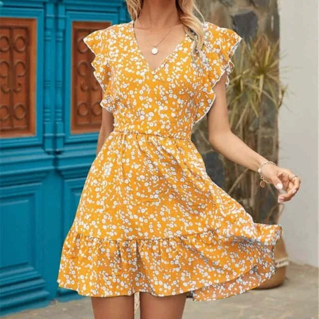 DressBetty - Women Dress Boho Floral Ruffle Short Mini Dress