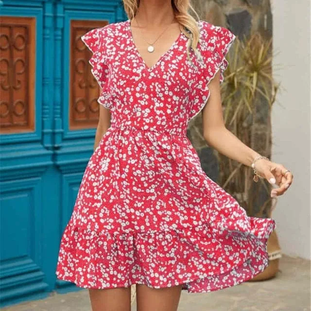 DressBetty - Women Dress Boho Floral Ruffle Short Mini Dress