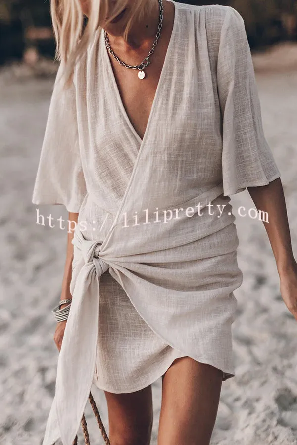 Easy Breezy Cotton Linen Blend Knotted Wrap Mini Dress