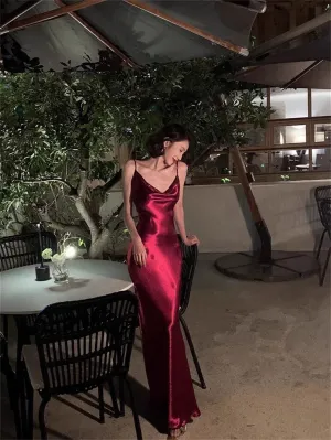 Elegant Spaghetti Straps Burgundy Satin Long Prom Dress Evening Dress SH1042