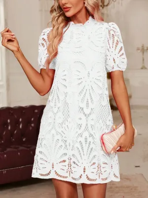 Elegant Women's Short Puff Sleeve Lace Dress with Ruffle Hem and Stand Collar