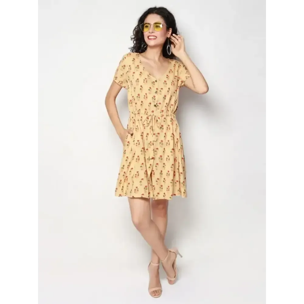 Elegant Yellow Rayon Floral Print Short Dress For Women