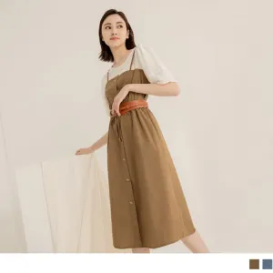 FAKE TWO PIECE ELASTIC WAIST ROUND NECK MIDI DRESS