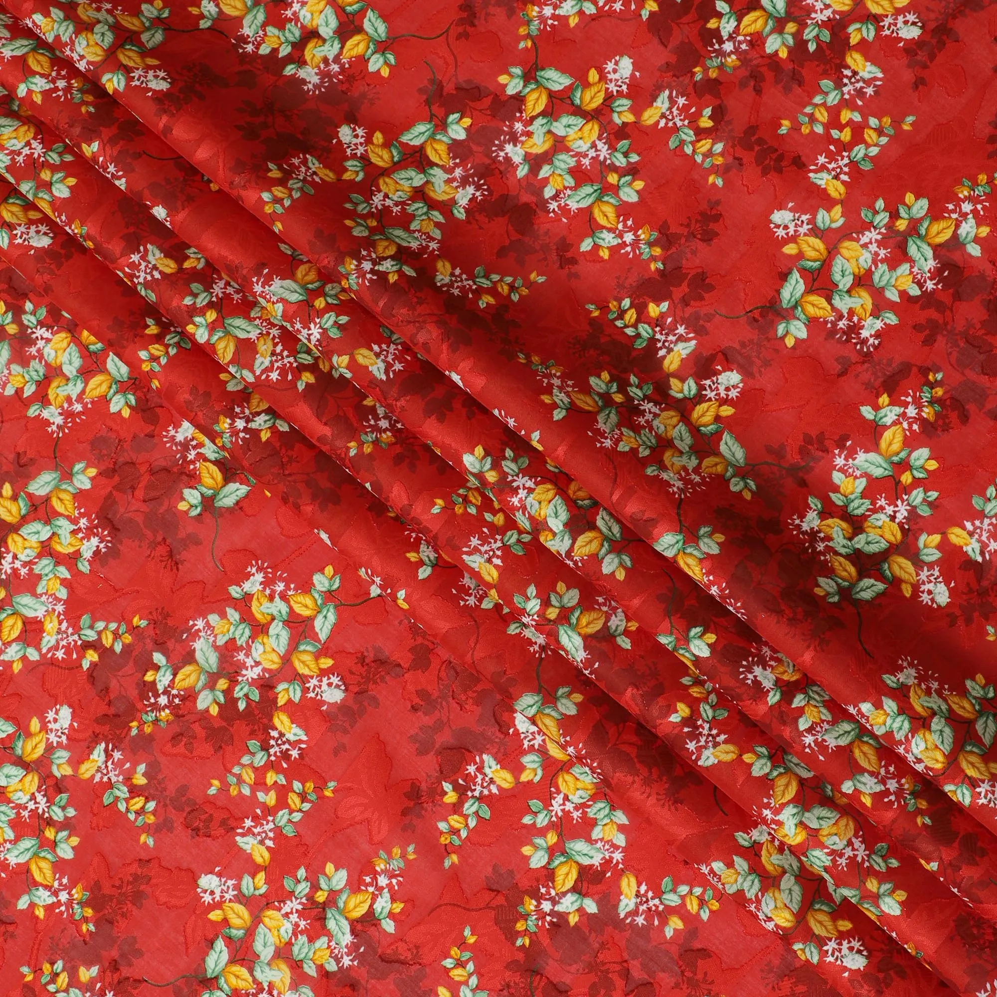 Fiery Red Uragiri Cotton Voile Fabric with Lush Green Floral Print, 110 cm Wide - Vibrant Indian Textile-D18983