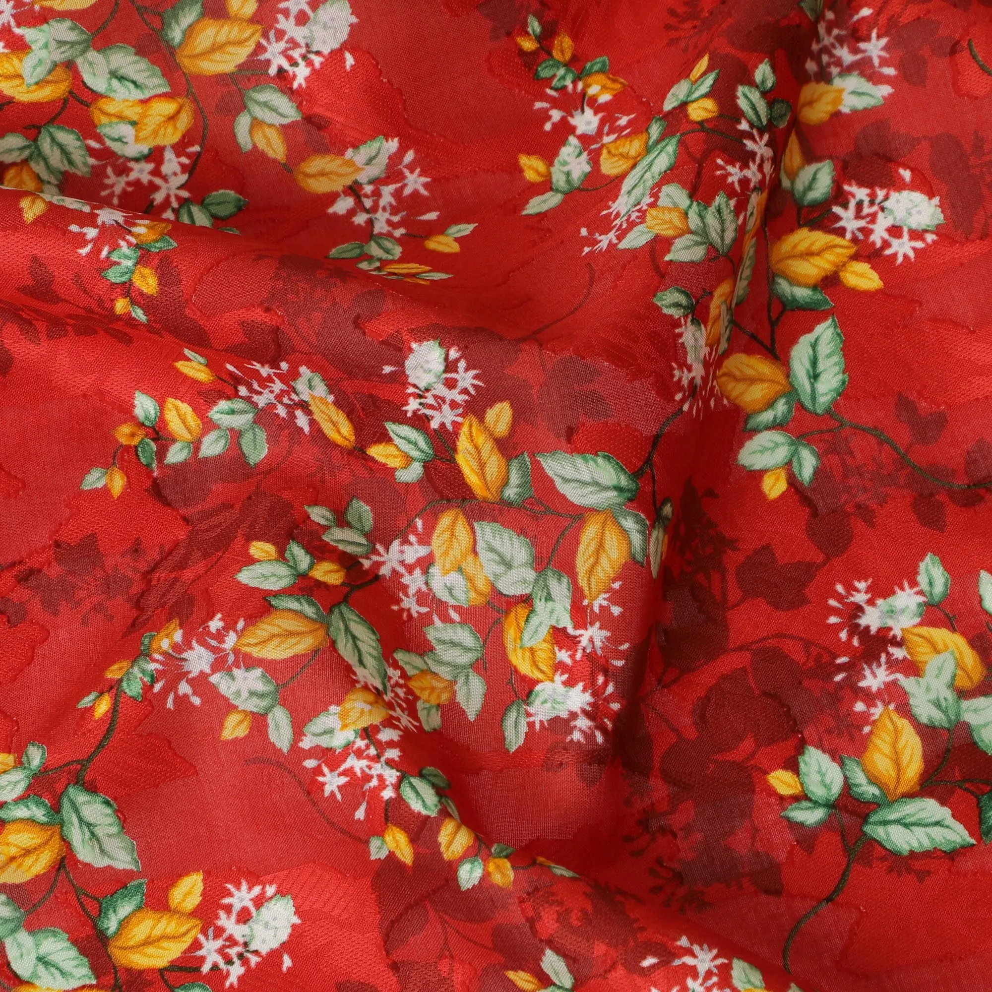 Fiery Red Uragiri Cotton Voile Fabric with Lush Green Floral Print, 110 cm Wide - Vibrant Indian Textile-D18983