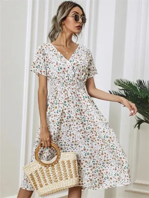 Floral Chic Short Sleeve Women's Fashionable Long Midi Dress