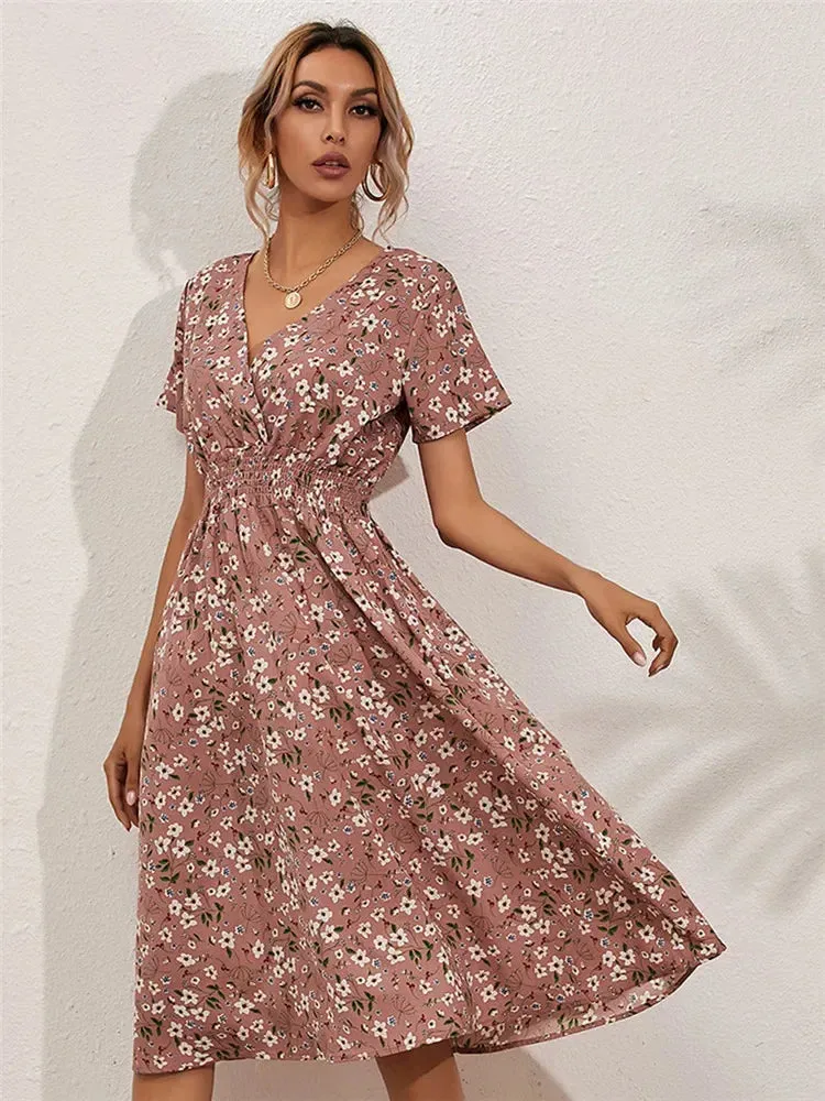 Floral Chic Short Sleeve Women's Fashionable Long Midi Dress