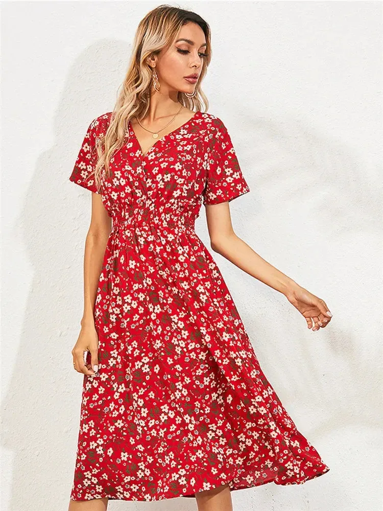 Floral Chic Short Sleeve Women's Fashionable Long Midi Dress