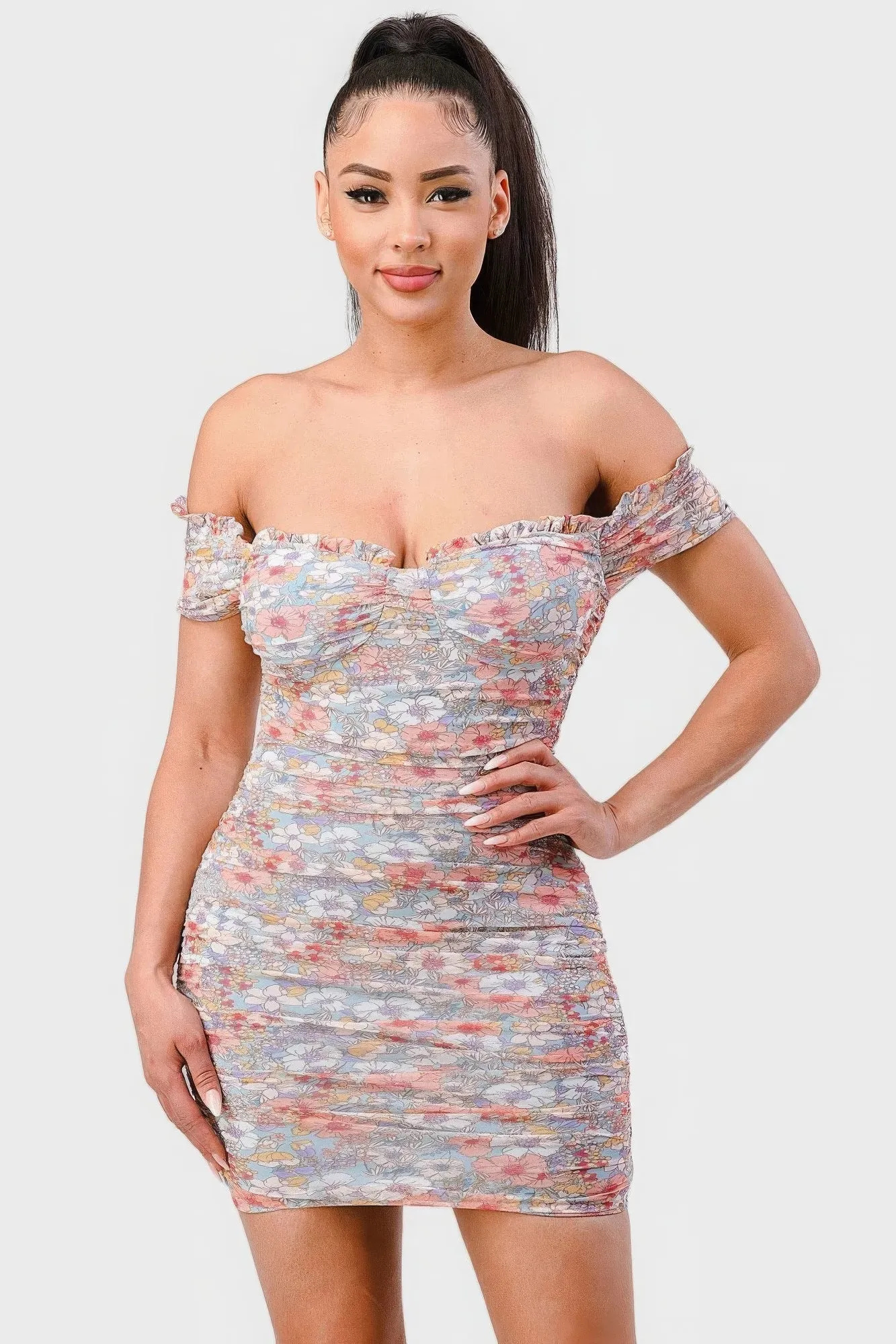 Floral Mesh Print Off-Shoulder Mini Dress with Sweetheart Neck