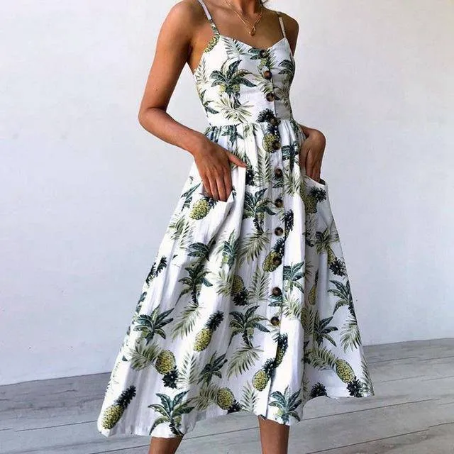 Floral Print Sexy Deep V-neck Off-shoulder Mid-Calf Button Beach Dress