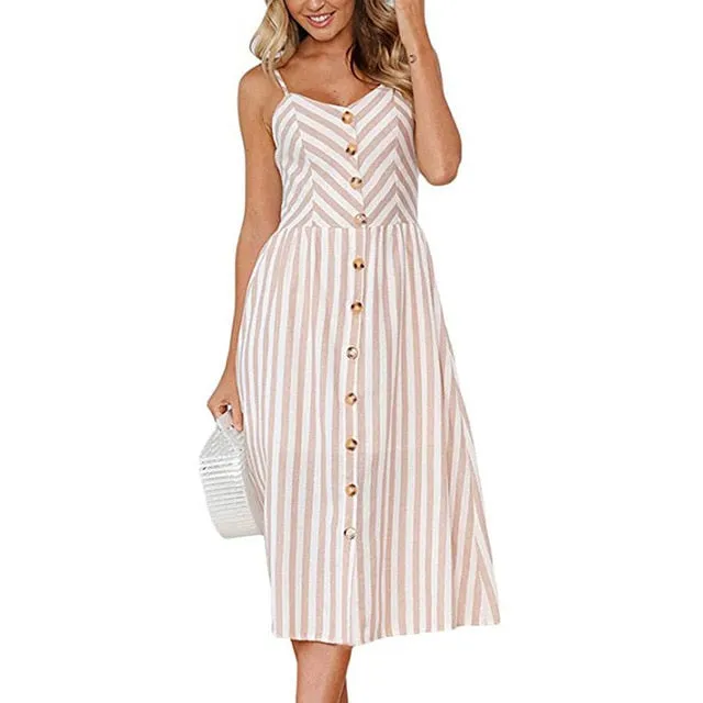 Floral Print Sexy Deep V-neck Off-shoulder Mid-Calf Button Beach Dress