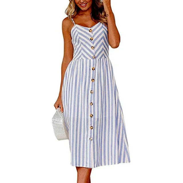 Floral Print Sexy Deep V-neck Off-shoulder Mid-Calf Button Beach Dress