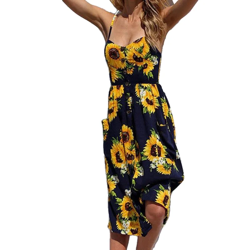 Floral Print Sexy Deep V-neck Off-shoulder Mid-Calf Button Beach Dress