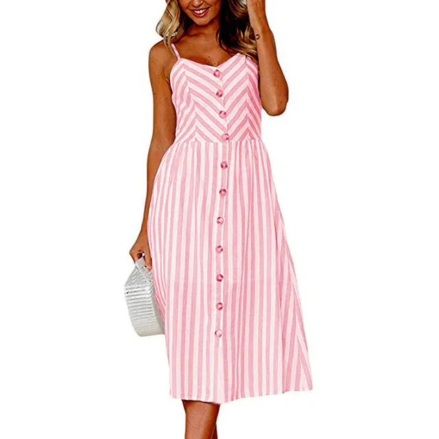 Floral Print Sexy Deep V-neck Off-shoulder Mid-Calf Button Beach Dress