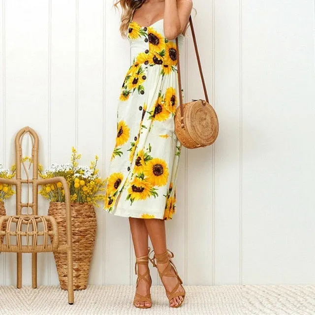 Floral Print Sexy Deep V-neck Off-shoulder Mid-Calf Button Beach Dress