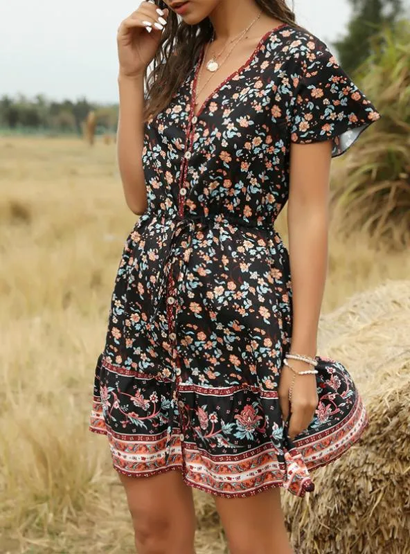 FLORAL SHORT SLEEVE SPLIT-JOINT BOHEMIAN SHORT DRESS